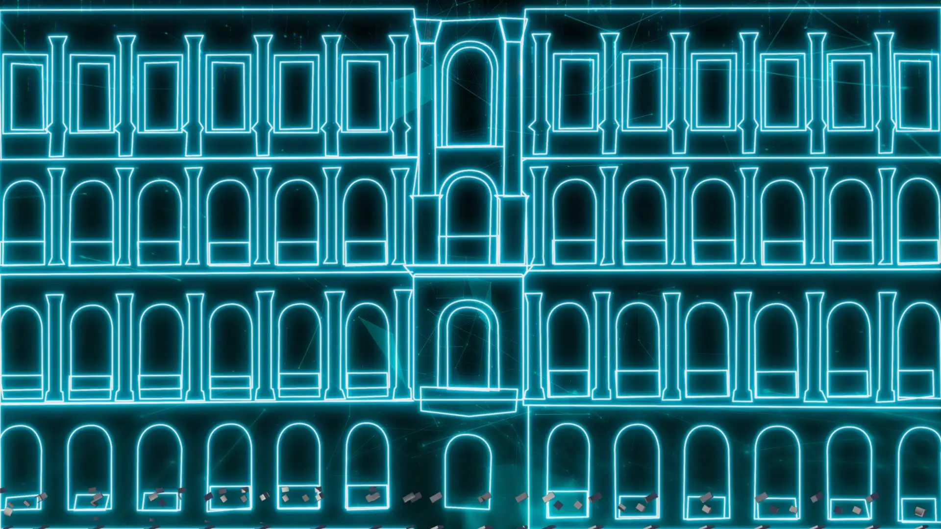 Wireframe depth map of a building facade prepared for anamorphic projection content