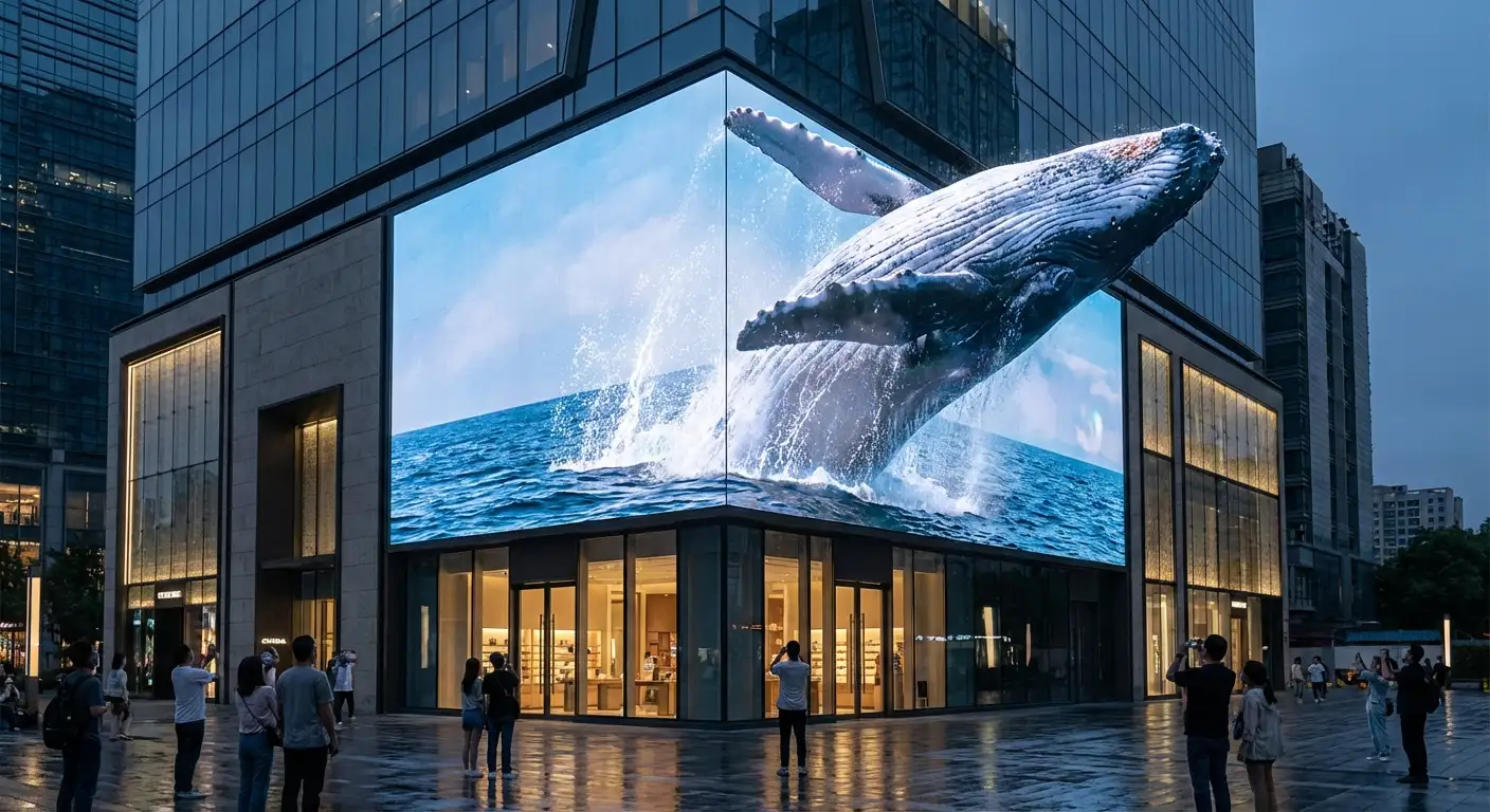 Naked-eye 3D whale breaching out of a corner LED screen at street level — anamorphic content visualization