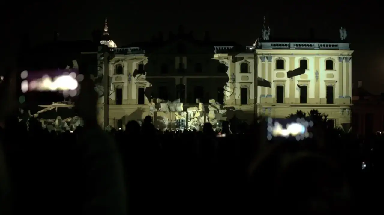 Nighttime projection visuals with neon atmosphere